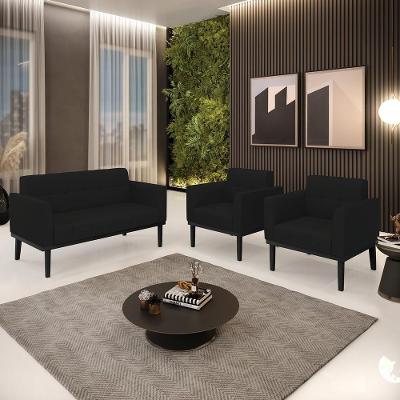 Conjunto Poltrona e Namoradeira Karen Decorativa Linho Preto Pés em Madeira Gran Belo