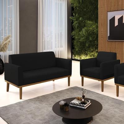Conjunto Poltrona e Namoradeira Isabella G19 em Linho Preto com Pés Reto em Madeira Gran Belo