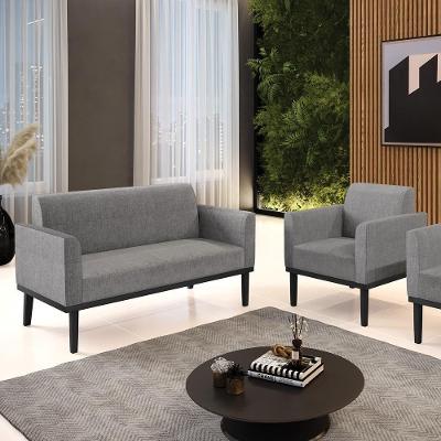 Conjunto Poltrona e Namoradeira Isabella Decorativa Linho Cinza Mesclado Pés Madeira Gran Belo