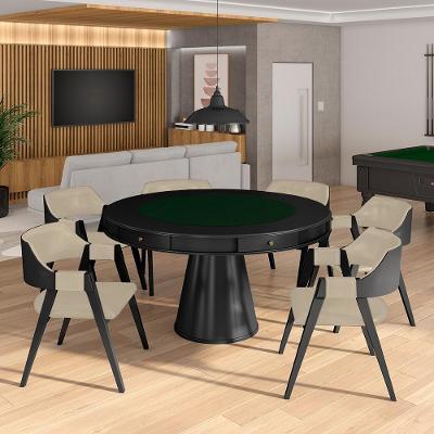 Conjunto Mesa de Jogos Bellagio G42 com 6 Cadeiras Madeira Maciça 140cm Bege Preto Gran Belo