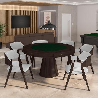 Conjunto Mesa de Jogos Bellagio Carteado com 6 Cadeiras Madeira Cinza Capuccino Gran Belo