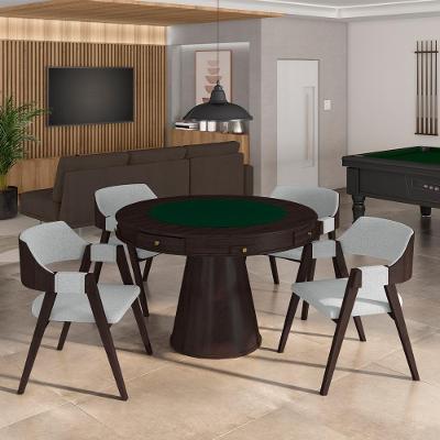 Conjunto Mesa de Jogos Bellagio 4 Lugares Tampo MDF Reversível Verde com Cadeiras Linho Cinza Tabaco
