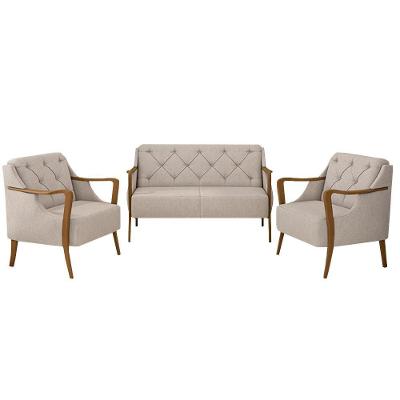 Conjunto Decorativo Hand Linho Bege G45 para Sala de Estar com 2 Poltronas e 1 Namoradeira Gran Belo