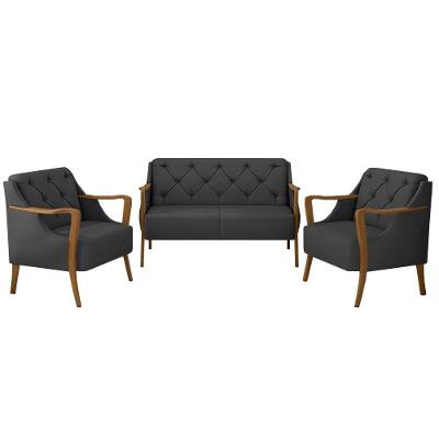 Conjunto Decorativo Hand Pu Preto 2 Poltronas e 1 Namoradeira para Sala de Estar Gran Belo