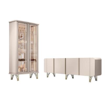 Conjunto Cristaleira Évora e Buffet Saluti com LED Vidro Pés Aço Maciço Dourado Off White Gran Belo