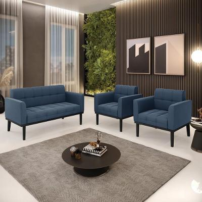 Conjunto 2 Poltronas e 1 Namoradeira Karen G19 Veludo Azul Marinho para Sala de Estar Gran Belo