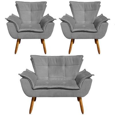 Conjunto 2 Poltronas e 1 Namoradeira Charger G19 Suede Grafite com Pés Palito Gran Belo
