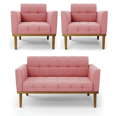 Conjunto 2 Poltronas e 1 Namoradeira Karen G19 Suede Rose com Pés Fixo em Madeira Gran Belo