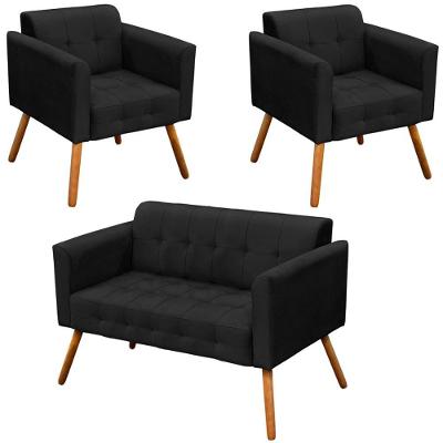 Conjunto 2 Poltronas e 1 Namoradeira Karen G19 Suede Preto com Pés Palito Gran Belo