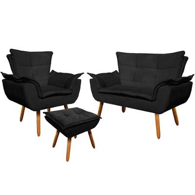 Conjunto Poltrona Puff e Namoradeira Charger Suede com Pés Palito Preto Gran Belo