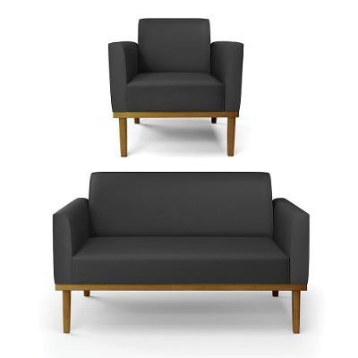 Conjunto Poltrona e Namoradeira Isabella Decorativa Pu Preto Pés Madeira Gran Belo