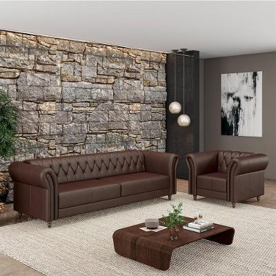 Conjunto Sala de Estar Stanford Chesterfield G58 Madeira e Couro 180cm Marrom Gran Belo