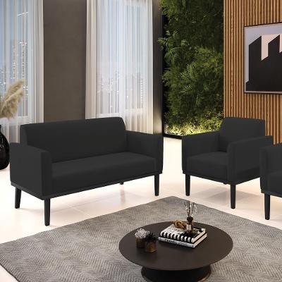 Conjunto Poltrona e Namoradeira Isabella G19 em Veludo Preto com Pés Fixos Madeira Gran Belo