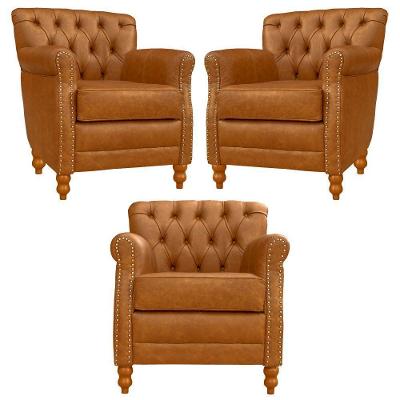 Kit 3 Poltronas Decorativas Níger G58 Sala de Estar Couro Mel Pés Madeira Gran Belo