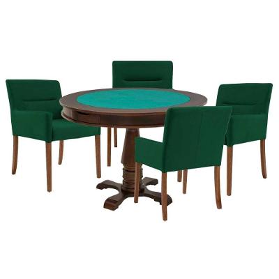 Mesa de Jogos Victoria 4 Lugares Tampo Reversível em MDF Imbuia com Cadeiras Suede Verde Gran Belo