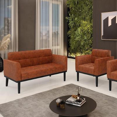 Conjunto Poltrona e Namoradeira Karen G19 Corino Preto Pu Nozes para Sala de Estar Gran Belo