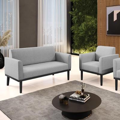 Conjunto Poltrona e Namoradeira Isabella G19 Linho Cinza Pés Madeira Preto Gran Belo