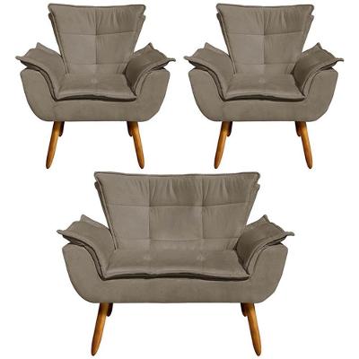 Conjunto 2 Poltronas e 1 Namoradeira Charger Suede Nude para Sala de Estar Gran Belo