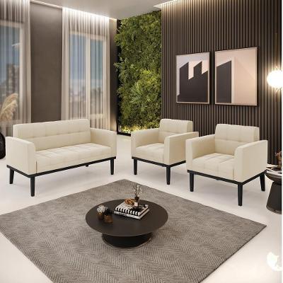 Conjunto 2 Poltronas e 1 Namoradeira Karen G19 Suede Bege com Pés de Madeira Gran Belo