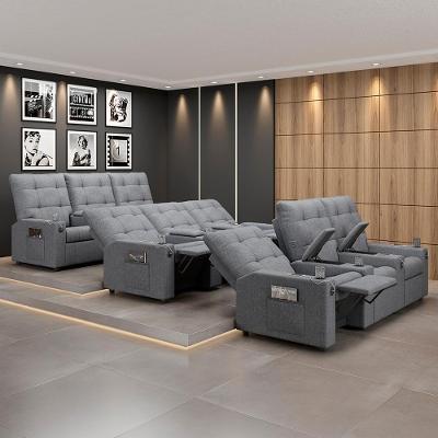 Poltrona Reclinável 3 Lugares Movie com Baú Usb em Linho Cinza para Sala de Estar Gran Belo