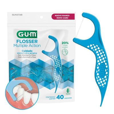 Fio Dental com Haste Gum Flosser Multiple Action Azul para Limpeza Interdental Embalagem 40 Unidades