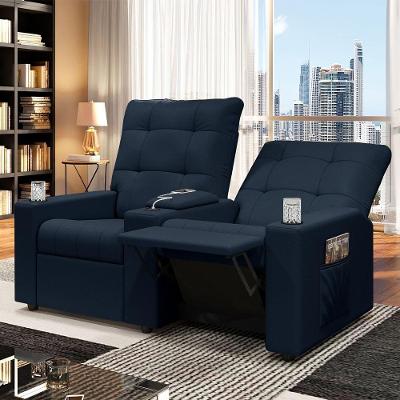 Poltrona Reclinável 2 Lugares Movie G23 com Baú Usb Veludo Azul para Sala Gran Belo
