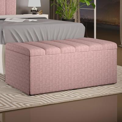 Calçadeira Recamier Baú Solteiro Dália W01 100cm Linho Rosa Estrutura Madeira Lyam Decor