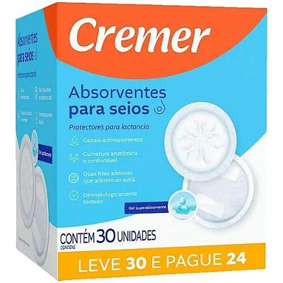 Absorvente para Seios 30 Unidades Gel Superabsorvente Anatômico Dermatologicamente Testado Cremer