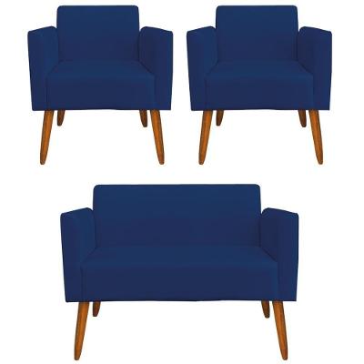 Conjunto Namoradeira e 2 Poltronas Isabella Suede Azul Marinho Gran Belo