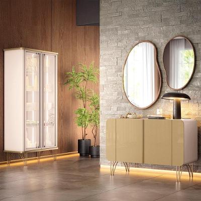 Conjunto 1 Cristaleira e 1 Buffet Texas-Bambino 4 Portas 3 Prateleiras MDF e MDP Off White-Champagne