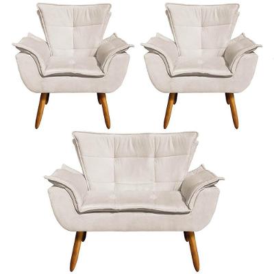 Conjunto 2 Poltronas e 1 Namoradeira Charger Suede Bege com Pés Palito Gran Belo