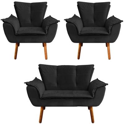 Conjunto 2 Poltronas e 1 Namoradeira Charger G19 Veludo Preto com Pés Palito Gran Belo