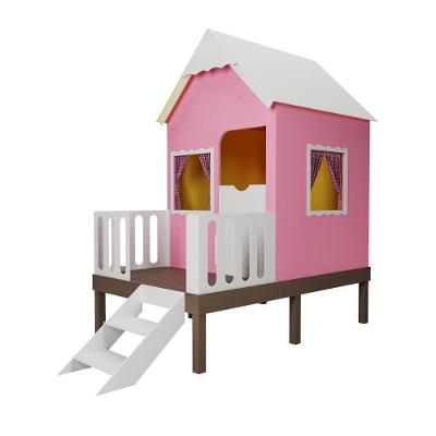 Casinha de Brinquedo L12 com Cercado e Escada Rosa Telhado Branco em MDF Criança Feliz