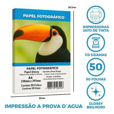 Papel Fotográfico Glossy 115g-m2 A4 50 Folhas Branco para Impressora Jato de Tinta