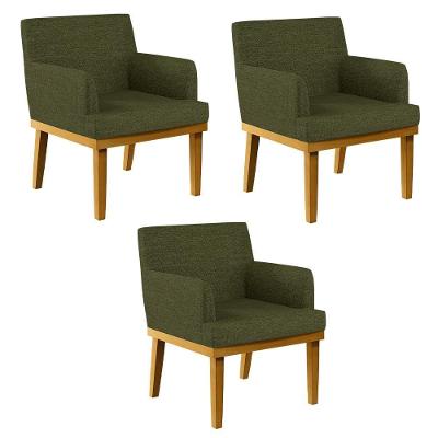 Kit 3 Poltronas Decorativas Beatriz W01 em Linho Verde para Sala de Estar Lyam Decor