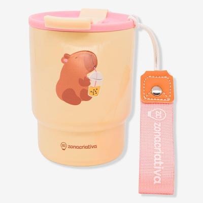 Copo Térmico To Go Capivara 400ML em Aço Inoxidável com Alça para Transporte Branco Zonacriativa