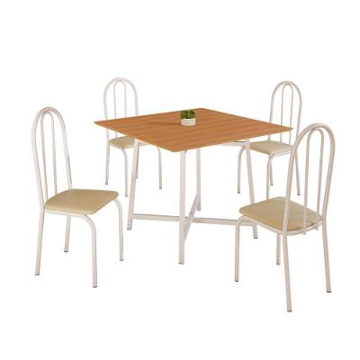 Conjunto de Jantar Ilhabela 4 Lugares Tampo MDF Mesa 90x90cm Branca e Creme