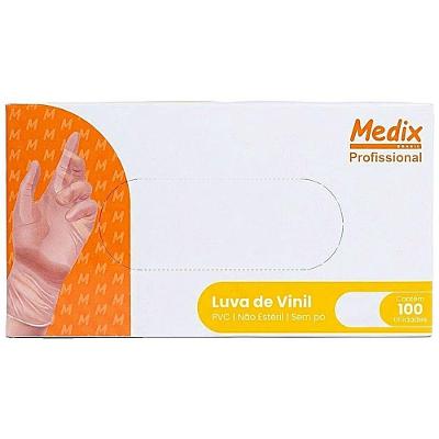Luva de Vinil Descartável Medix sem Pó Transparente Uso Profissional Tamanho P 100 Unidades
