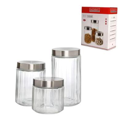 Conjunto 3 Potes Herméticos Cabane para Cozinha Vidro e Inox Tampa Vedada Prata e Transparente
