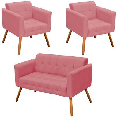 Conjunto 2 Poltronas e 1 Namoradeira Karen Suede Rosê com Pés Palito Gran Belo