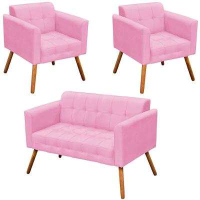 Conjunto 2 Poltronas e 1 Namoradeira Karen Suede com Pés Palito Rosa G19 Gran Belo