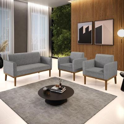 Conjunto 2 Poltronas e 1 Namoradeira Isabella G19 Linho Cinza Mesclado para Sala de Estar Gran Belo
