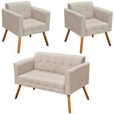 Conjunto 2 Poltronas e 1 Namoradeira Karen Suede Bege G19 com Pés Palito Gran Belo