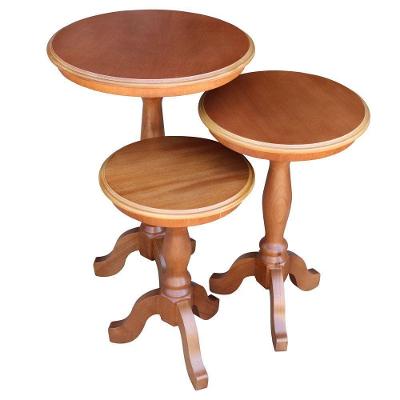 Conjunto 3 Mesas de Apoio Jovi G36 Redondas Tampo MDF Base Madeira Maciça Amêndoa Gran Belo