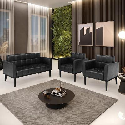 Conjunto 2 Poltronas e 1 Namoradeira Karen Veludo com Espuma D-23 Preto Gran Belo