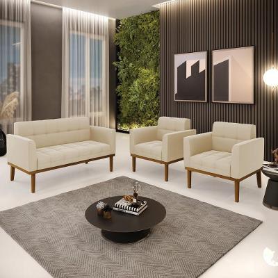 Conjunto 2 Poltronas e 1 Namoradeira Karen Decorativa Suede Bege G19 Pés Madeira Gran Belo