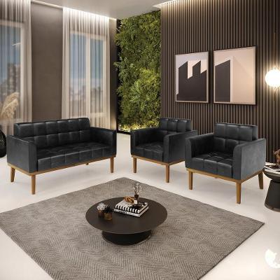 Conjunto 2 Poltronas e 1 Namoradeira Karen Decorativa em Veludo Preto Brilho G19 Gran Belo