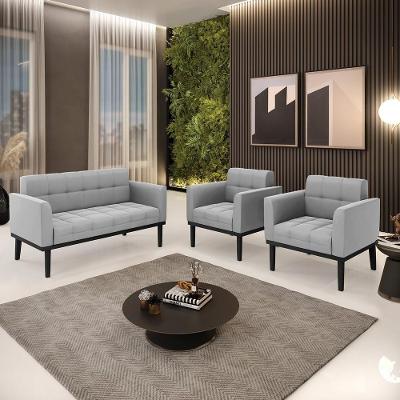 Conjunto 2 Poltronas e 1 Namoradeira Karen G19 Suede Cinza para Sala de Estar Gran Belo