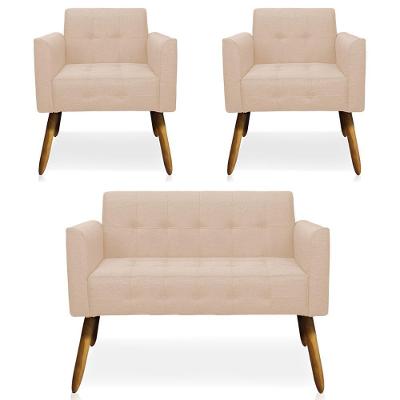 Conjunto 2 Poltronas e 1 Namoradeira Karen G19 Linho Bege Pés Palito Gran Belo