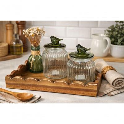 Jogo 2 Potes de Vidro Canelado Hermético com Tampa Pássaro Verde 1L e 600ML Tuut